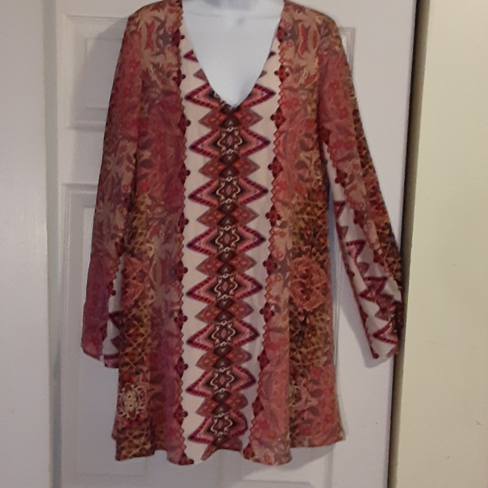 Lavender Brown Silk Boho Mini Dress NWT Size Small V-Neck Flare Sleeve - Picture 4 of 9
